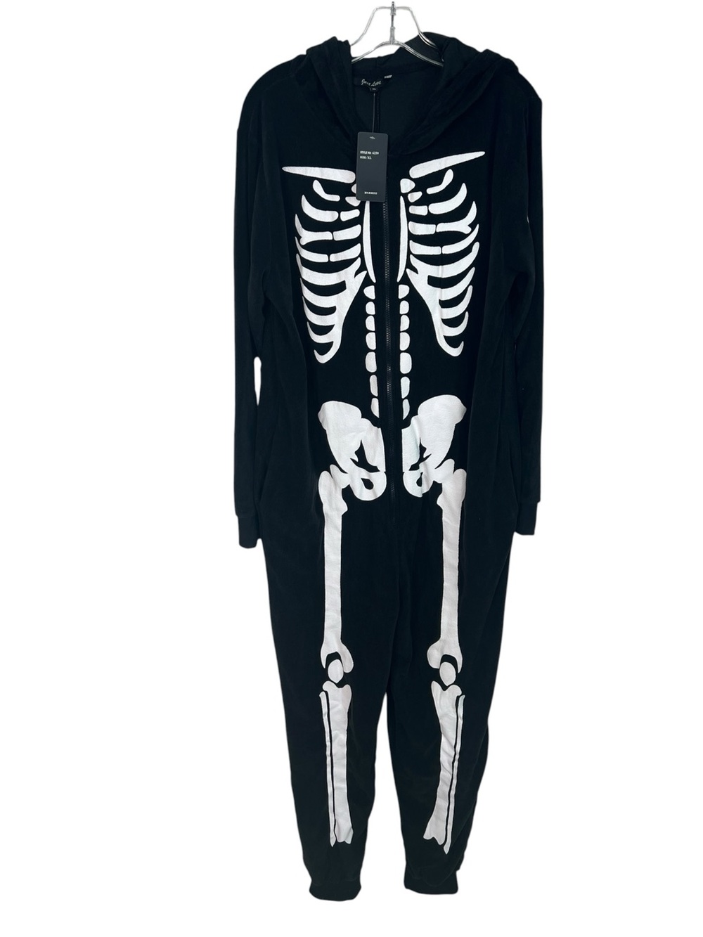 Just Love Halloween Black Hooded Skeleton Print One Piece Fuzzy with Gloves NEW